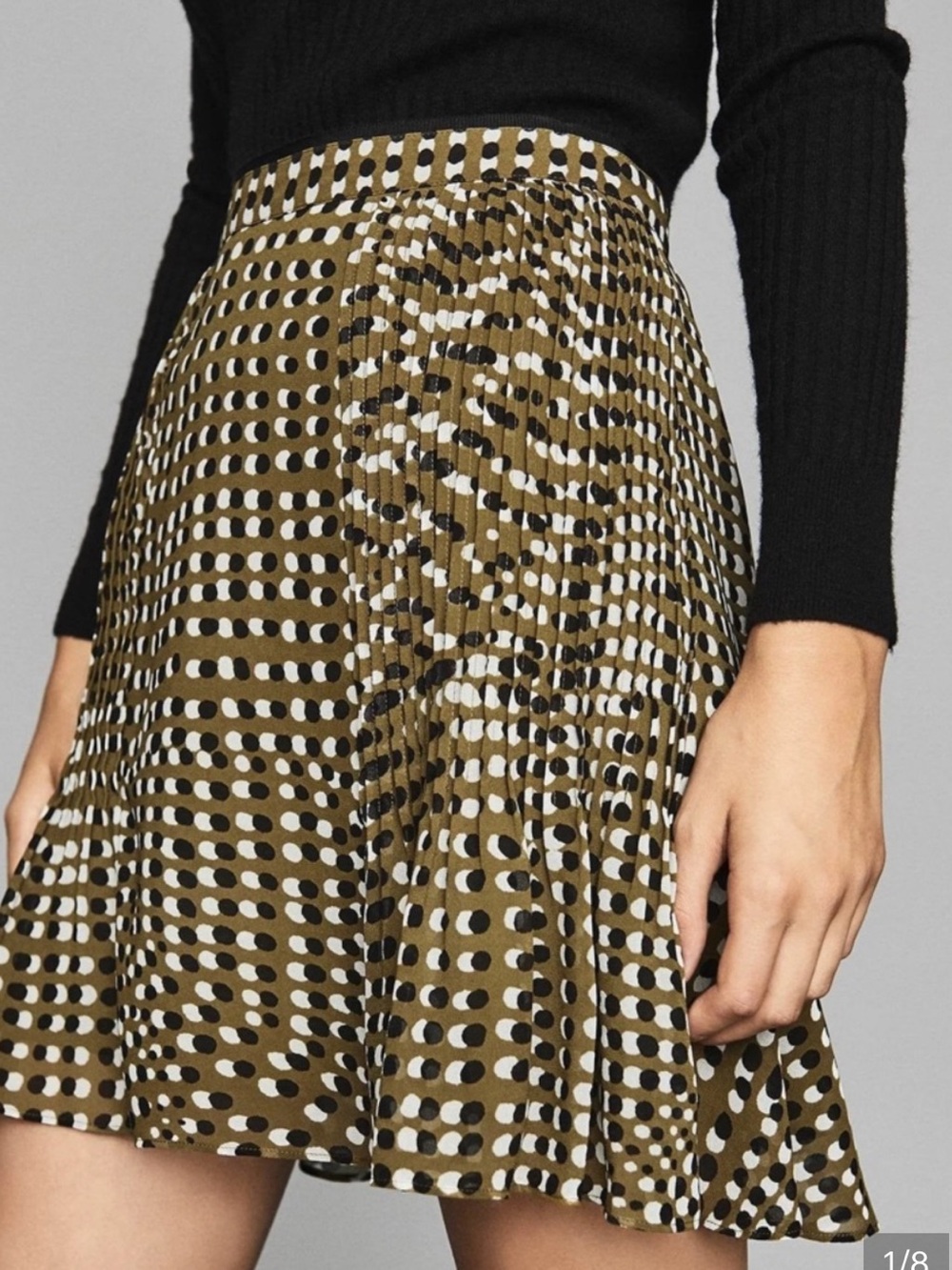 REISS Ellie Spot Print Flippy Skirt in Khaki - small flaw